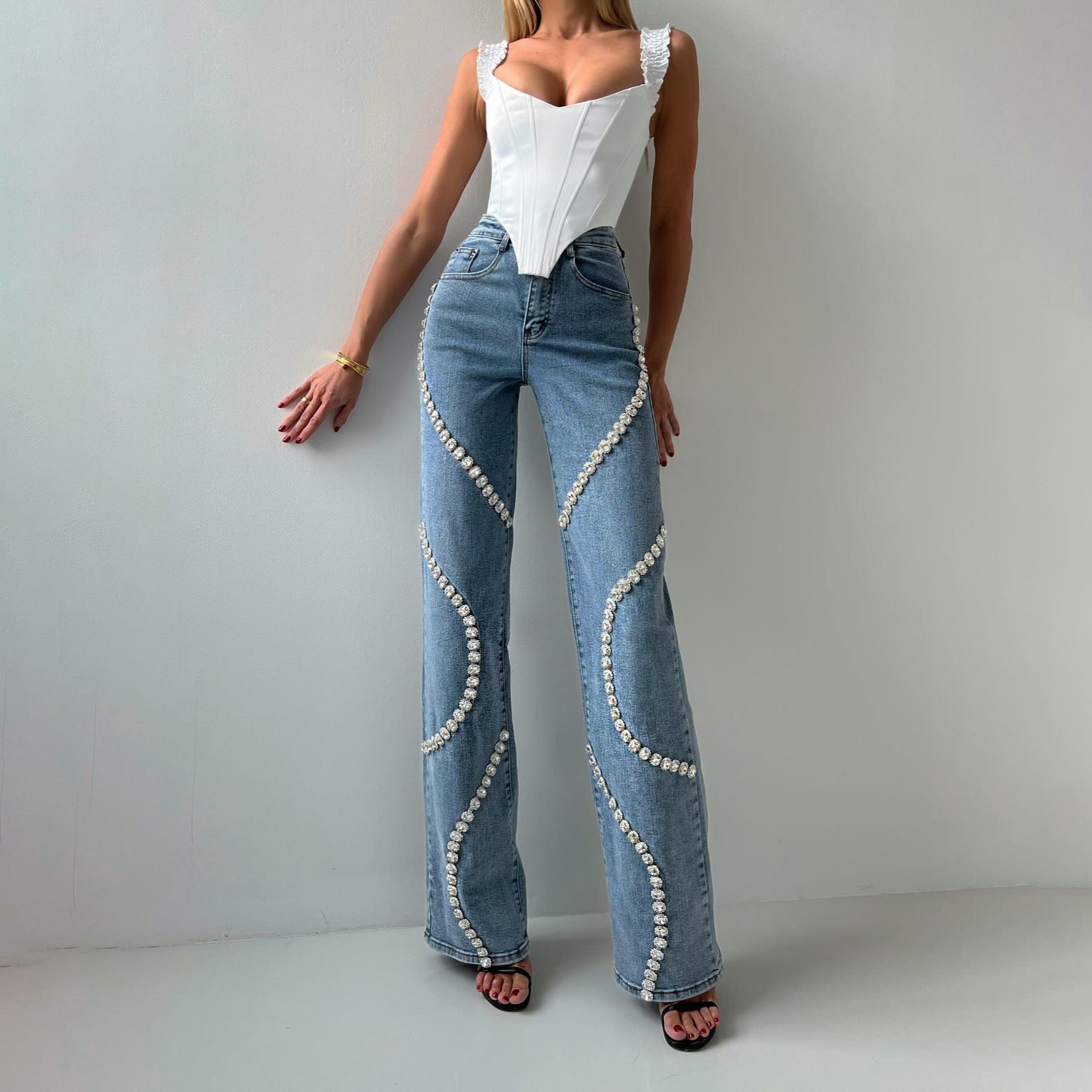 Women’s Rhinestone Straight Jeans | Casual Denim Pants
