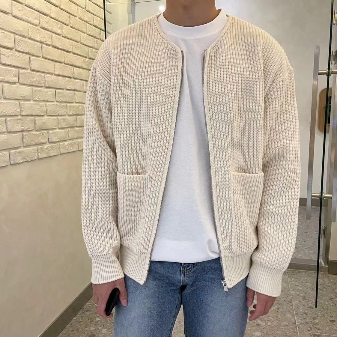 Men’s Knit Cardigan Sweater | Zip Funnel Neck