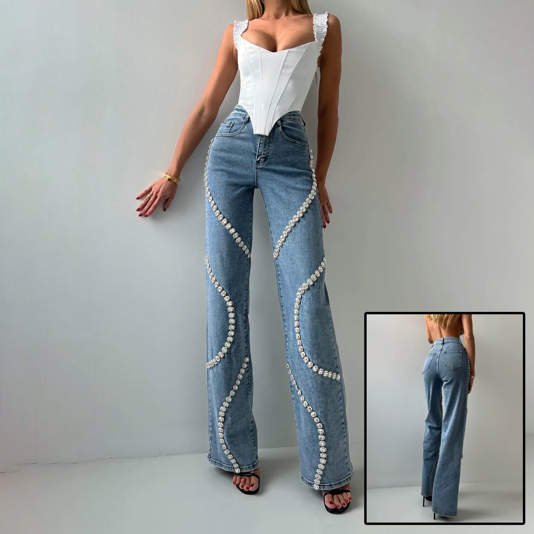 Women’s Rhinestone Straight Jeans | Casual Denim Pants