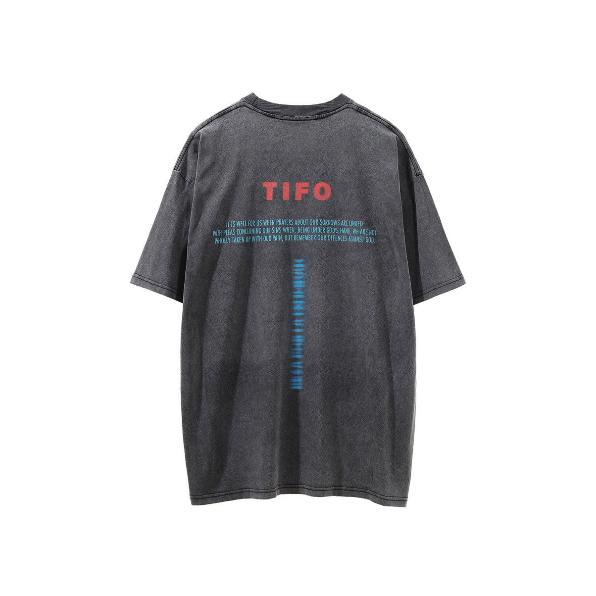 Gray t-shirt with 'TIFO' text on the back against a white background