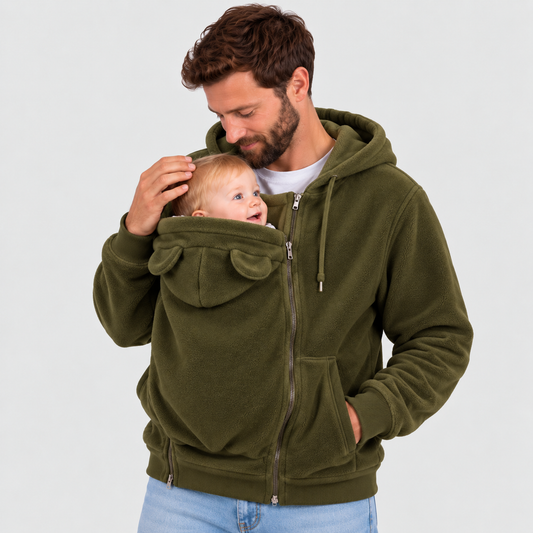 Army green kangaroo baby carrier hoodie for mom, zip-up long-line style