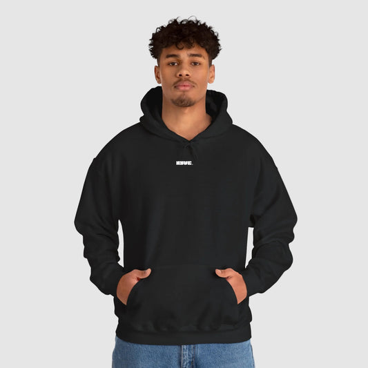 Person wearing a black hoodie on a white background