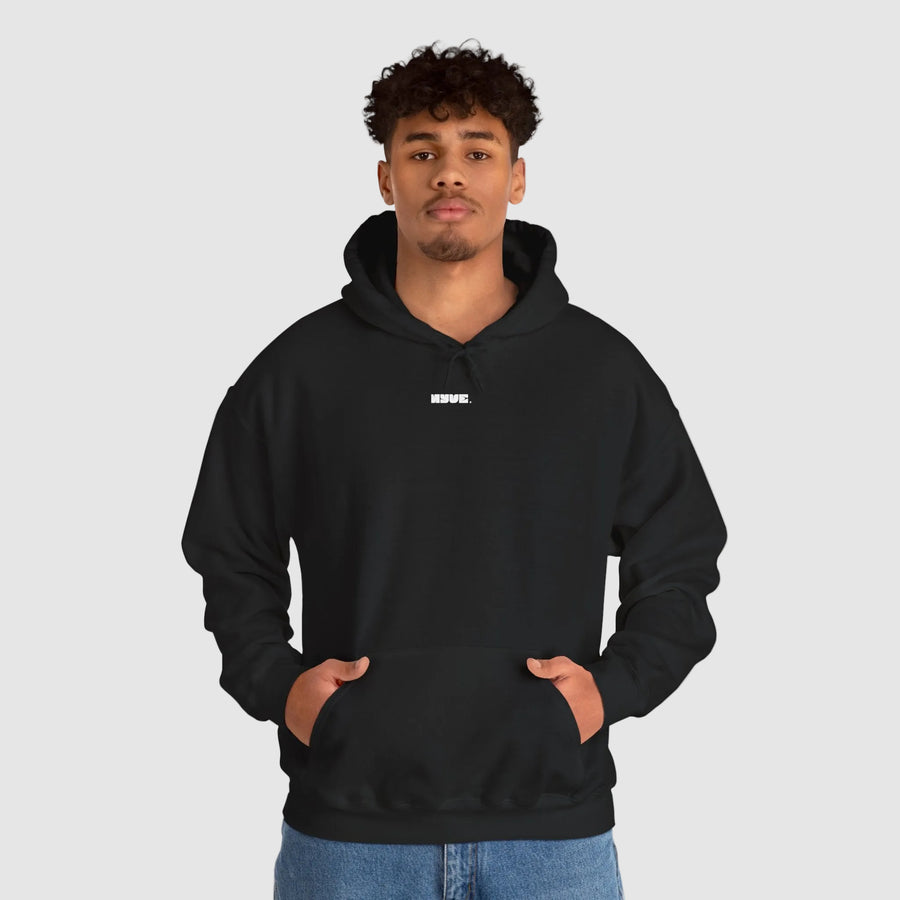 Person wearing a black hoodie on a white background