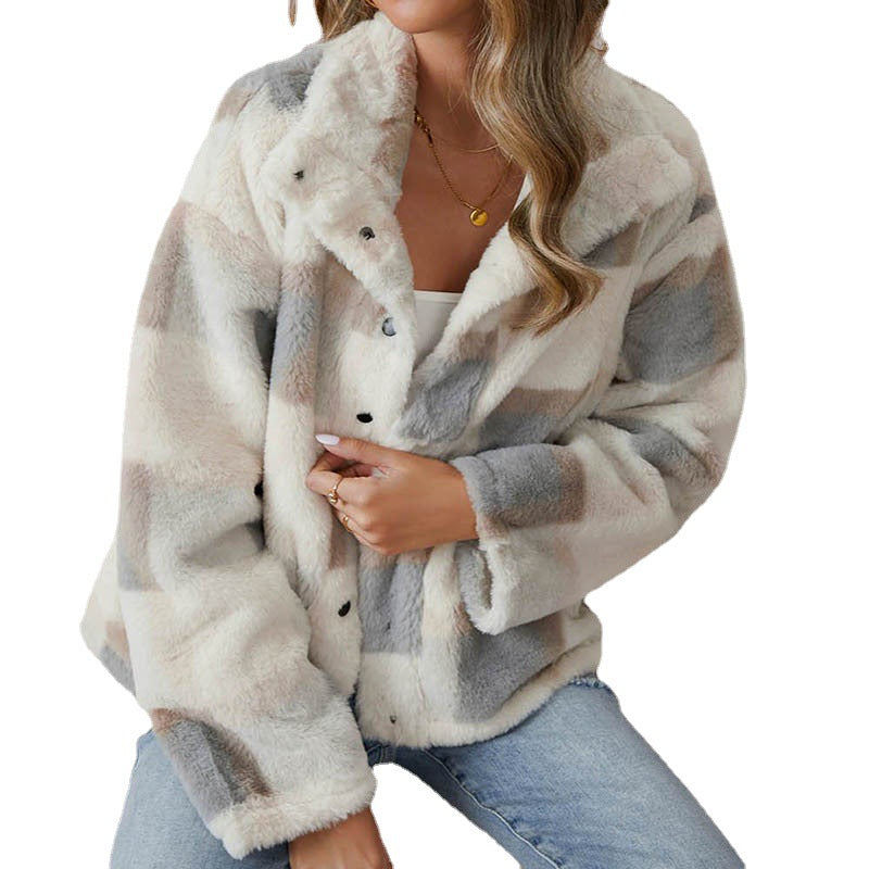 Women’s Plaid Plush Jacket | Warm Lapel
