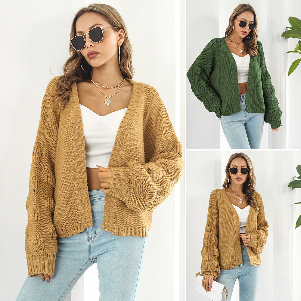 Women's Puff Sleeve Chunky Knit Cardigan | Cozy Sweater
